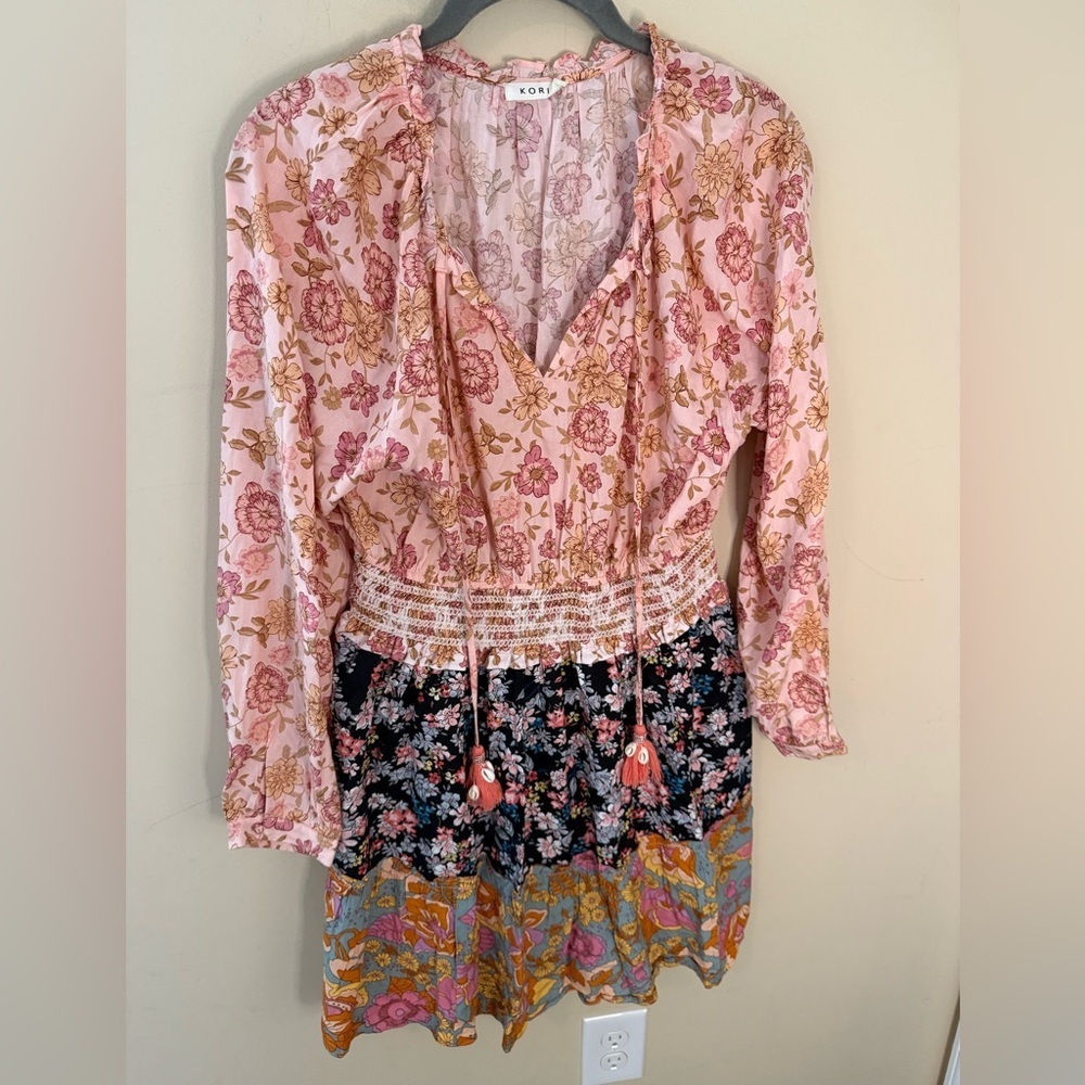 Kori Blue Mini Dress Pink Floral Off The Shoulder Ruffle Smocked Waist Boho Sz M